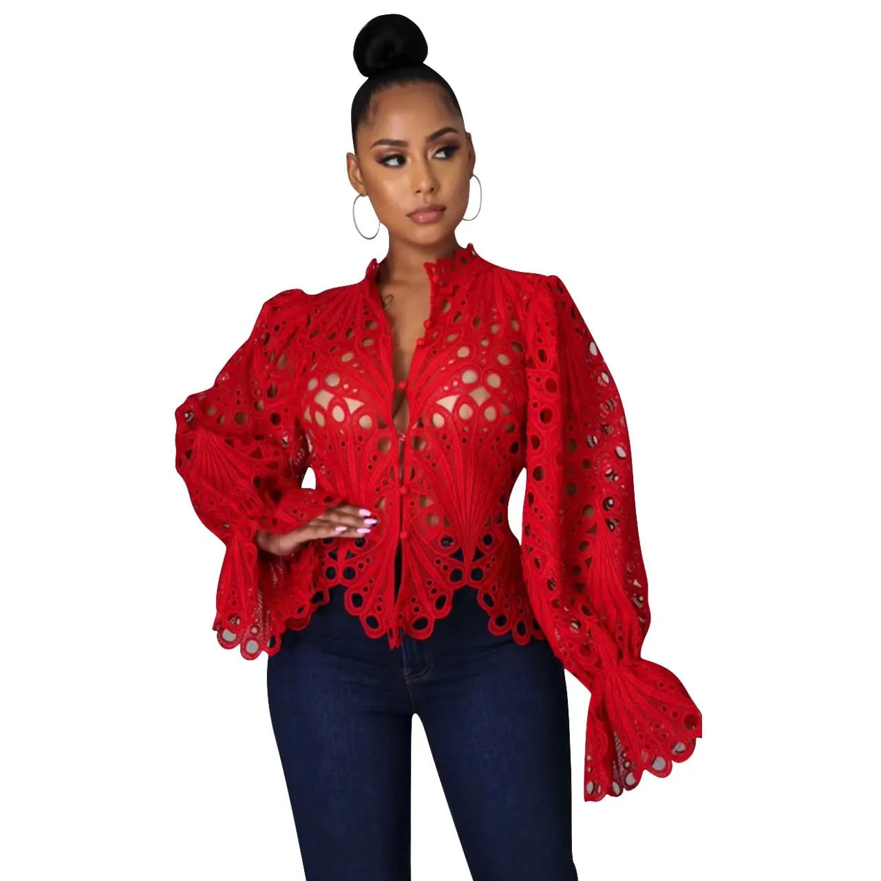 Elegant Dashiki Lace Sheer Top Blouse