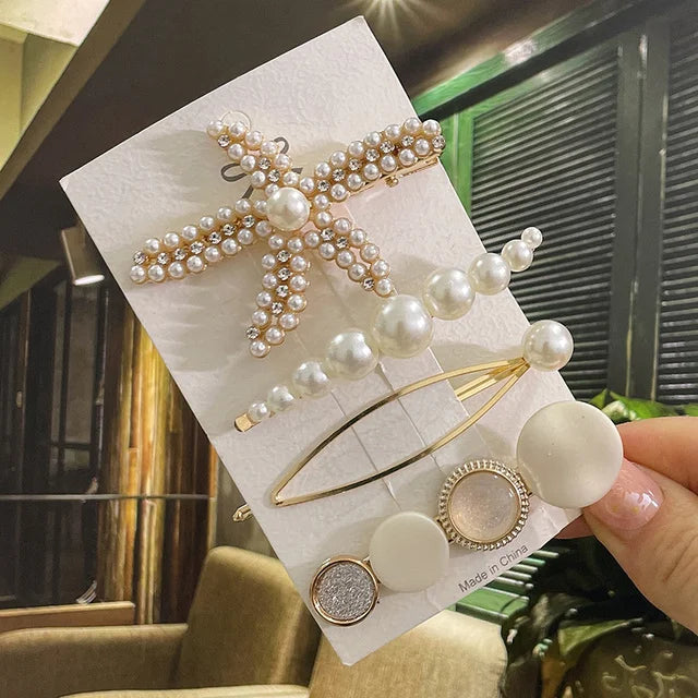 Set of Geometric Flower Pearl Hair Clips