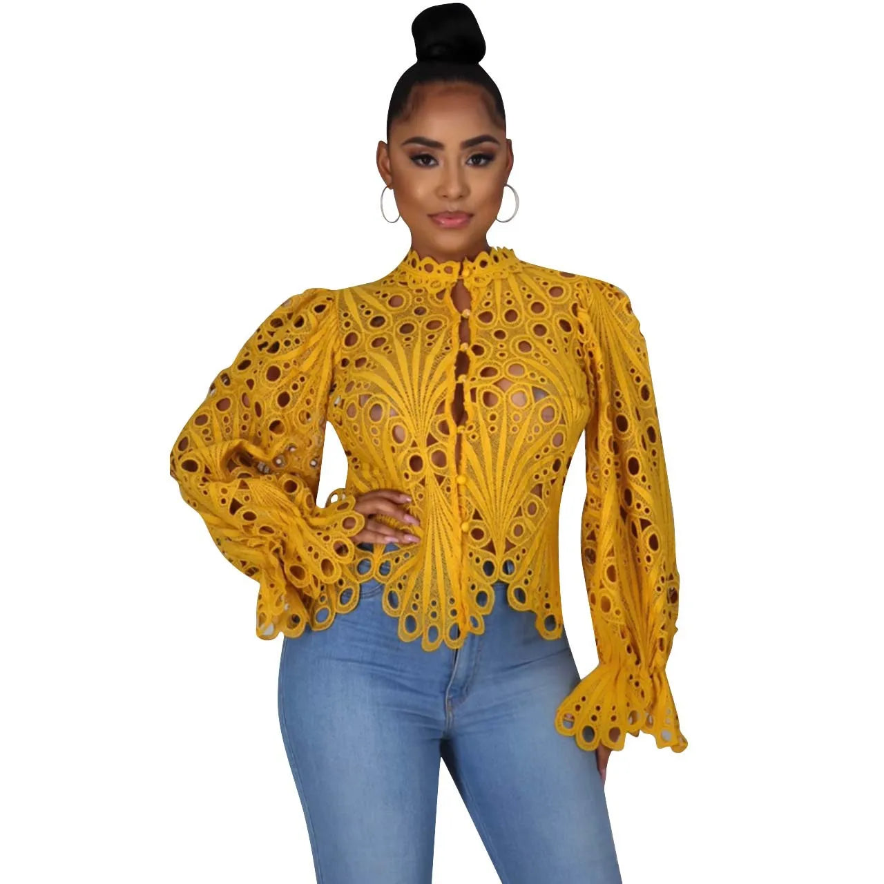 Elegant Dashiki Lace Sheer Top Blouse