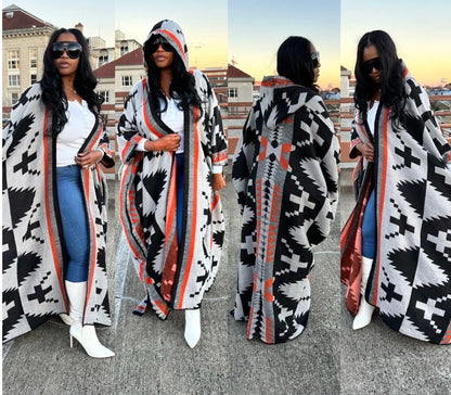 African-Inspired Long Cardigan with Cap