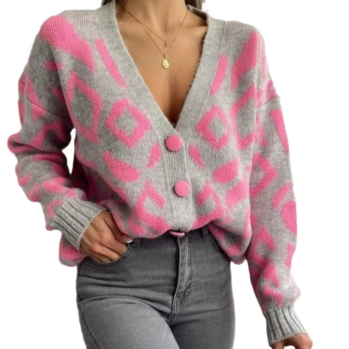 Leopard Knit Cardigan Sweater for Women