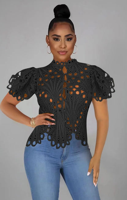 Elegant Dashiki Lace Sheer Top Blouse