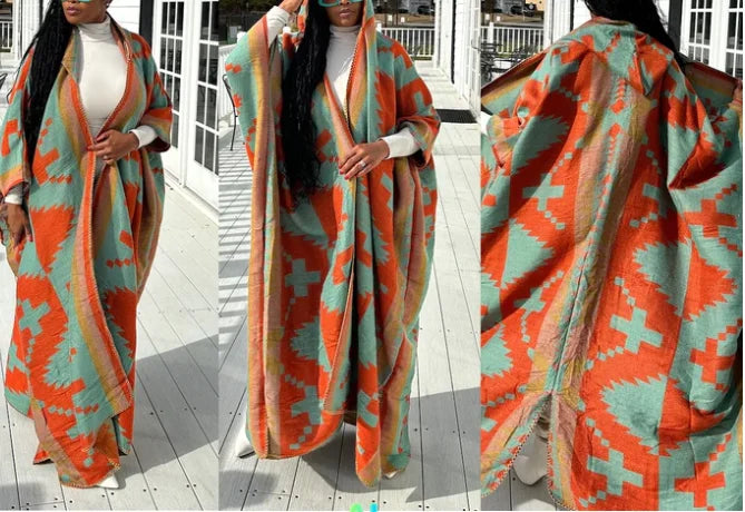 African-Inspired Long Cardigan with Cap