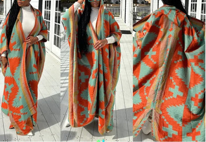 African-Inspired Long Cardigan with Cap