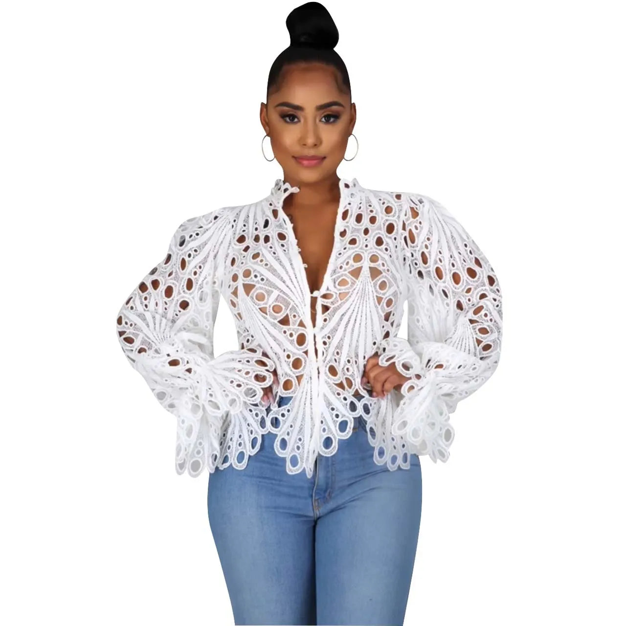 Elegant Dashiki Lace Sheer Top Blouse