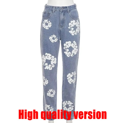 Women’s Denim Flower Print Baggy Jeans