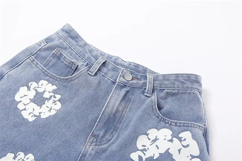 Women’s Denim Flower Print Baggy Jeans