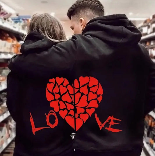 Love Heart Printed Couple Hoodies Set