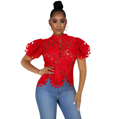 Elegant Dashiki Lace Sheer Top Blouse