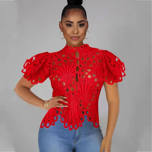 Elegant Dashiki Lace Sheer Top Blouse