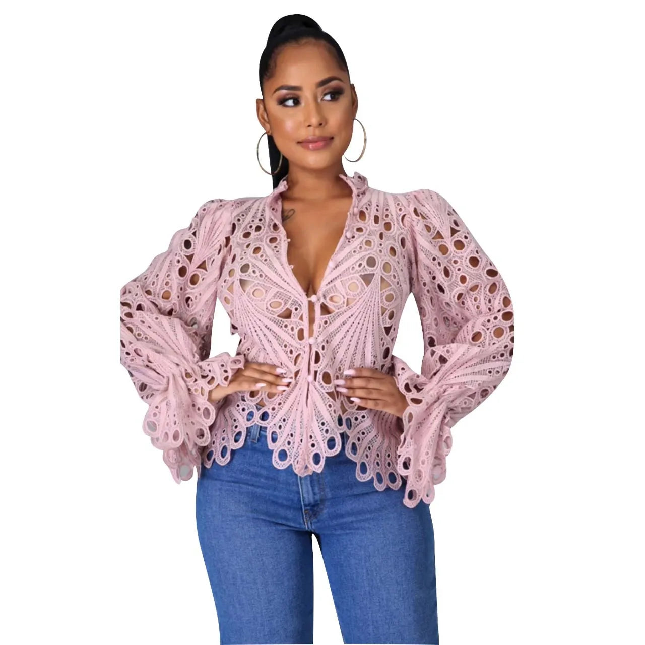 Elegant Dashiki Lace Sheer Top Blouse