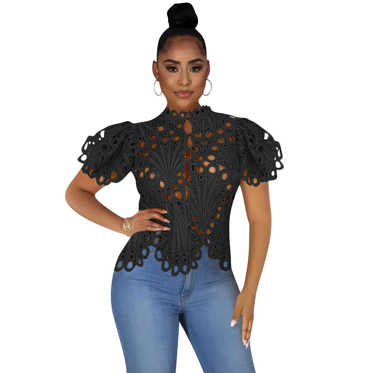 Elegant Dashiki Lace Sheer Top Blouse