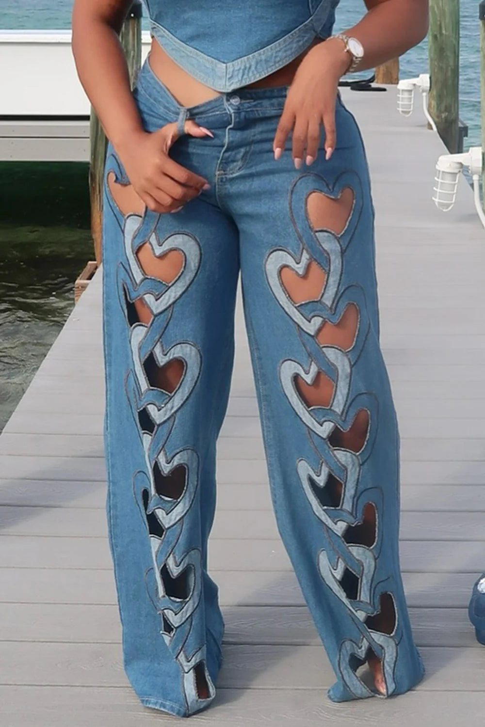 Wide-Leg Heart Cut-Out Denim Jeans