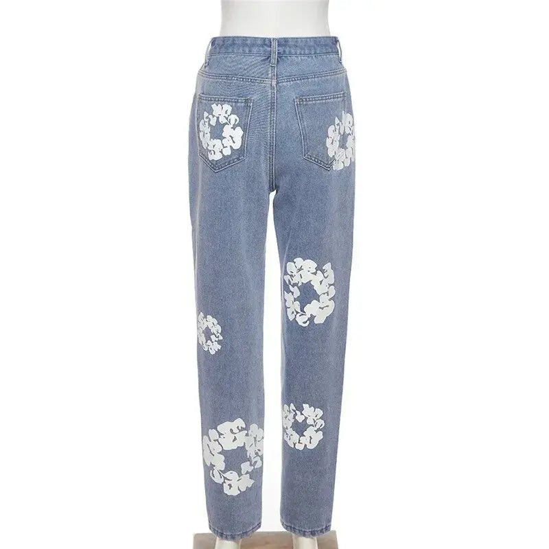 Women’s Denim Flower Print Baggy Jeans