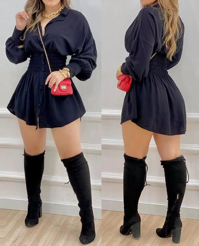 Sleeves Pleated Long Sleeved Shirt Dress