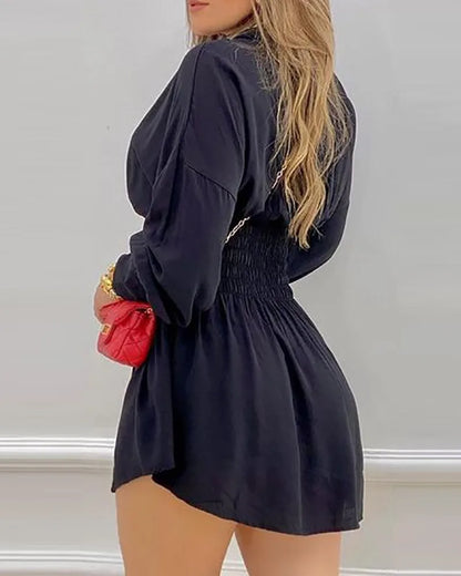 Sleeves Pleated Long Sleeved Shirt Dress