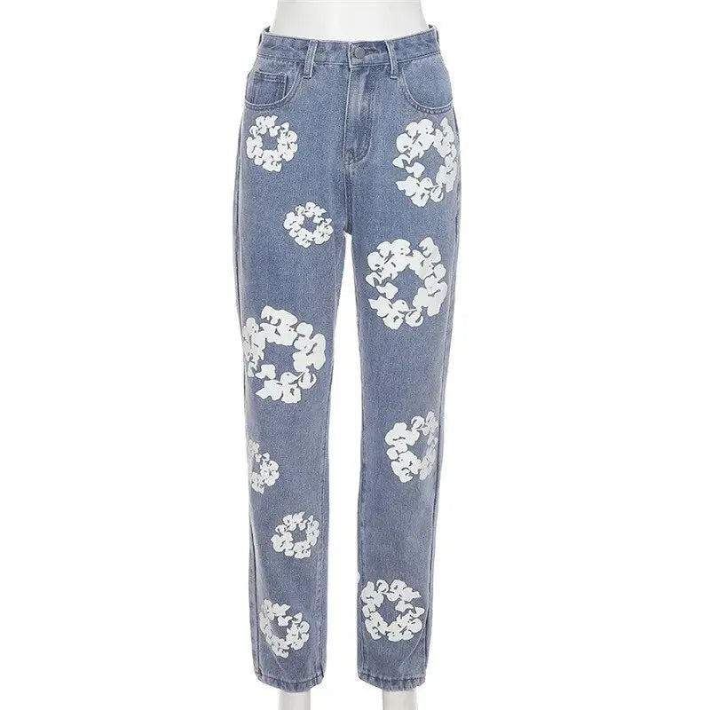 Women’s Denim Flower Print Baggy Jeans