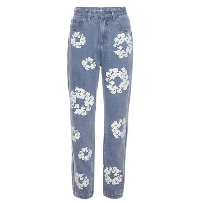 Women’s Denim Flower Print Baggy Jeans