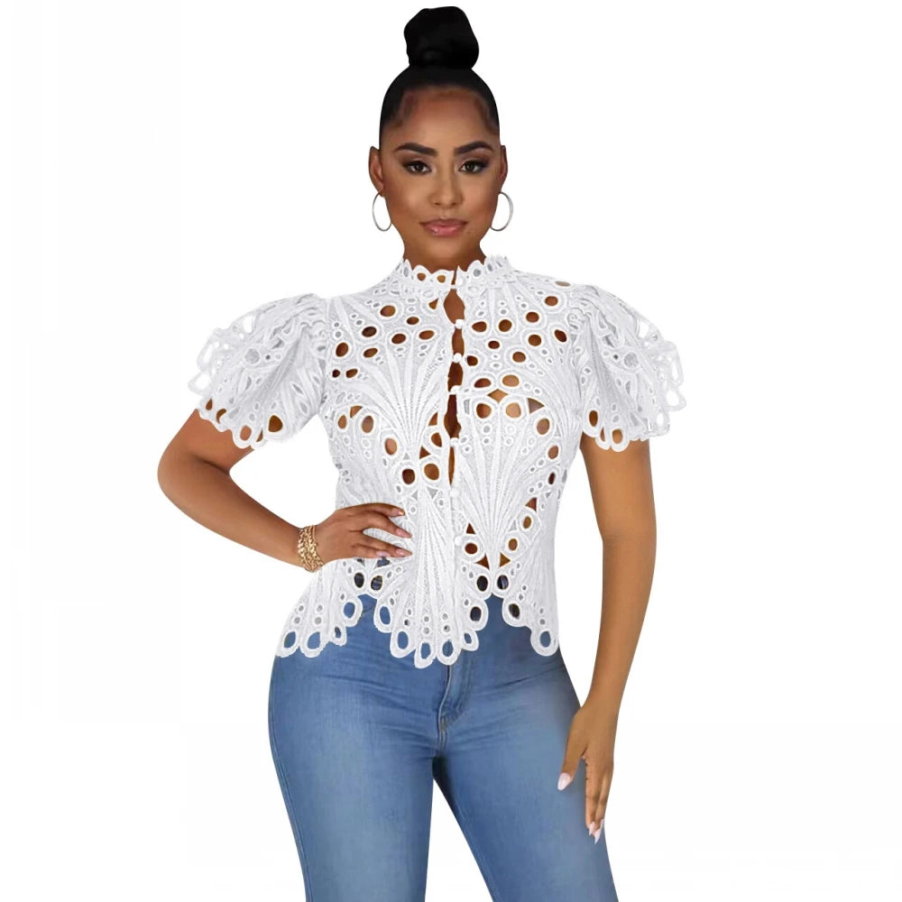 Elegant Dashiki Lace Sheer Top Blouse