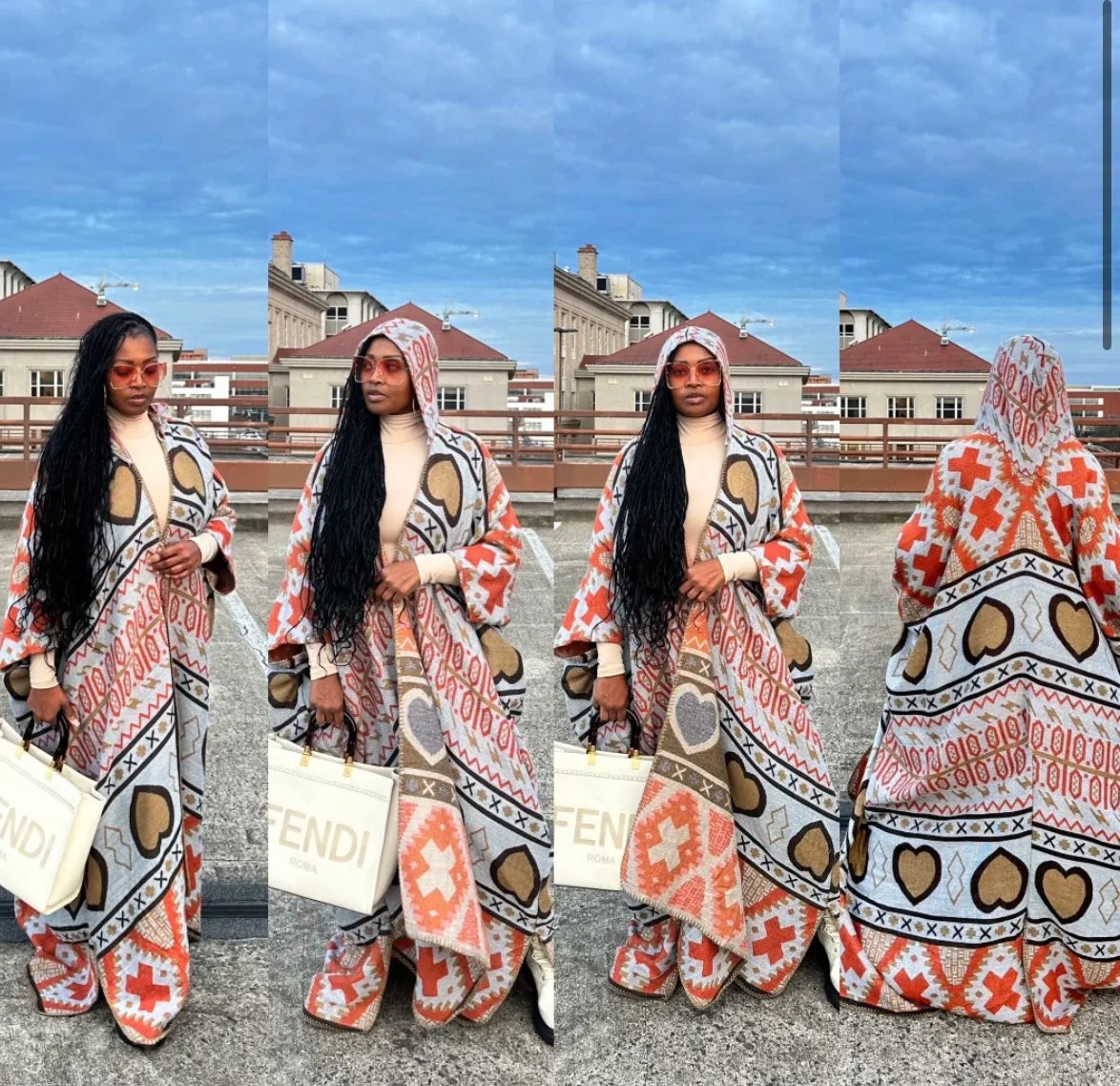 African-Inspired Long Cardigan with Cap